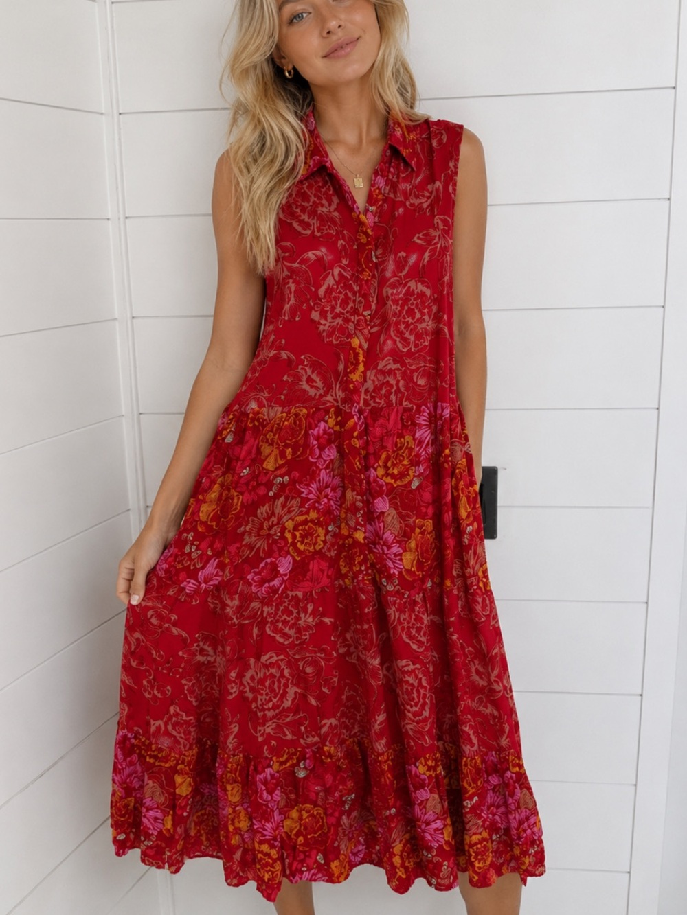 Margaux Riviera Red Floral Sleeveless Button-Down Midi Dress Size XL 36770